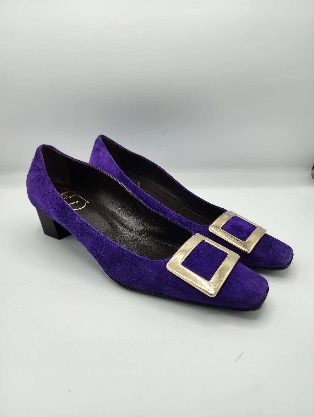 Purple Suede Low Heel Pumps with Gold Buckle